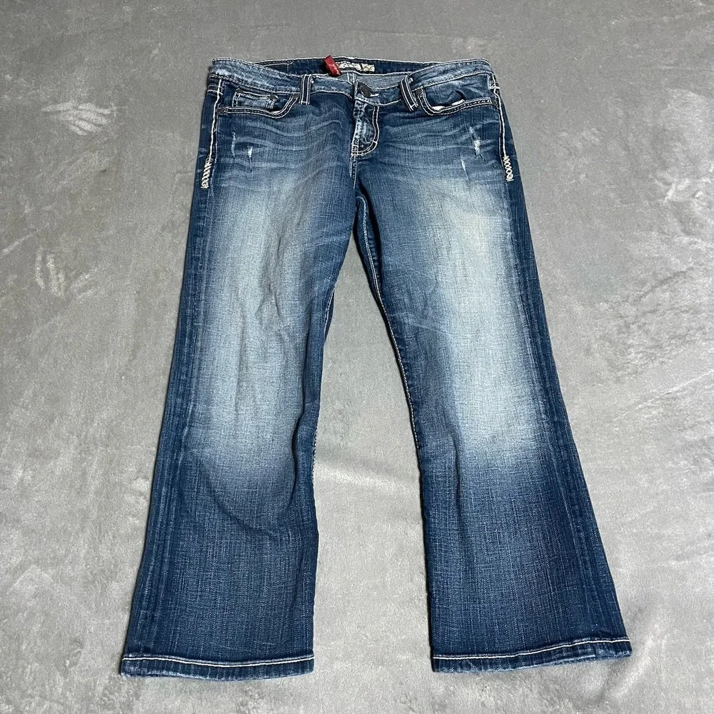 Y2K BKE Kate Capri Jeans Womens 30‎ Low Rise Dark Wash Blue Denim Faded Stretch
